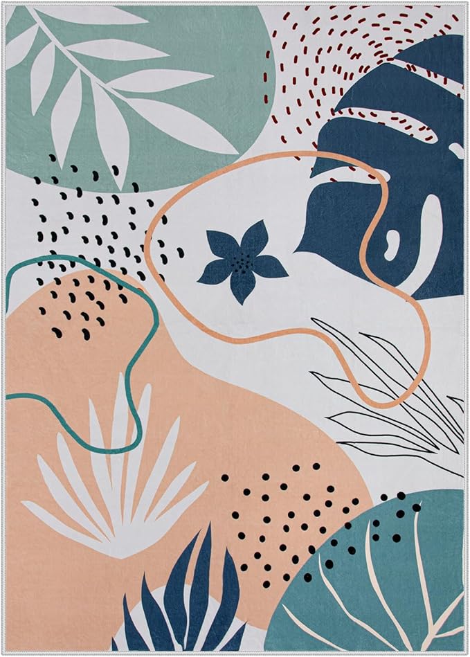 Lahome Machine Washable Rugs 8x10 - Ultra-Thin Soft 8x10 Rugs for Living Room Non-Slip Large Bedroom Rug, Boho Botanical Print Indoor Stain Resistant Floor Rug for Dining Room Table Office