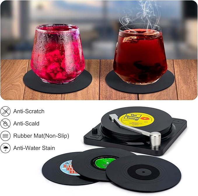 Valdivia Vinyl Record Coasters for Drinks with Records Player, Retro Album Coasters Set of 6, Funny New Home Decor for Housewarming Gifts, Music Lovers Presents, Cool Apartments Decoration Gifts Ideas