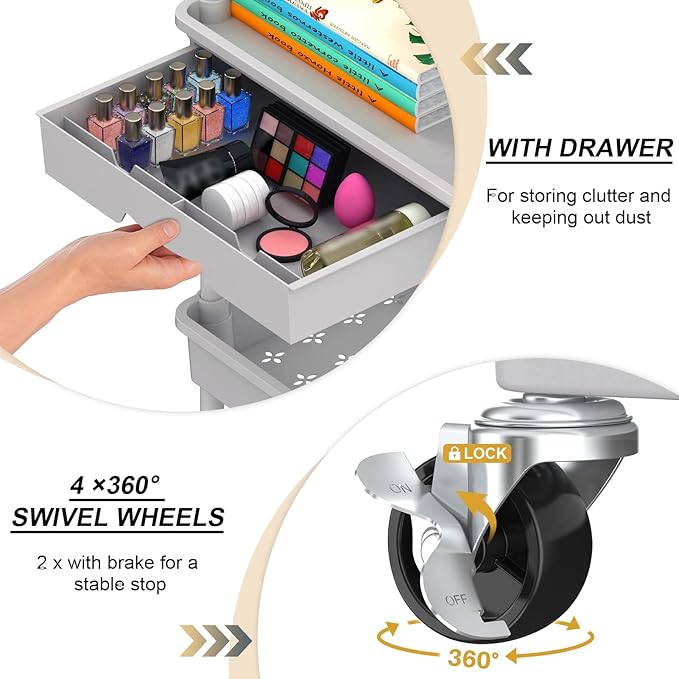 Goovilla 4 Tier Rolling Utility Cart Organizer with Removable Drawer, Stable and Sturdy Grey Rolling Storage Carts with 2 Lockable Wheels for Bathroom, Kitchen, Snack, Craft, Makeup, Baby Essentials