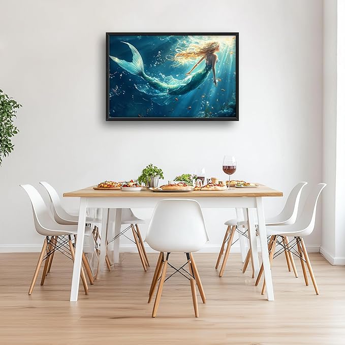 Framed Large Wall Art for Living Room, Beach Mermaid Canvas Wall Decor, Large Ocean Picture Framed Painting, Modern Artwork for Bedroom Office 36L'' × 24W''