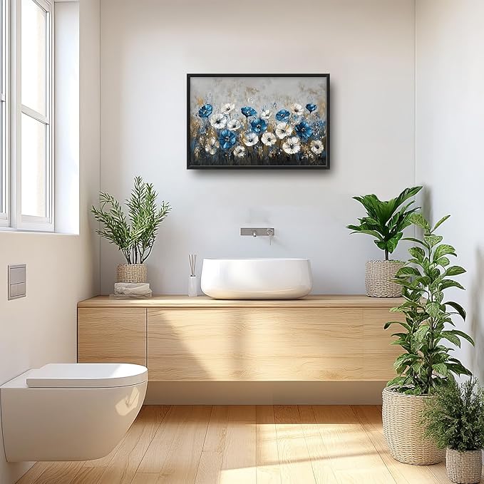 Flintis Large Blue and White Flowers Framed Wall Art Floral Pictures Wall Decor Abstract Landscape Canvas Painting Print Artworks Decor Framed for Living Room Bathroom Master Bedroom 36L X 24W