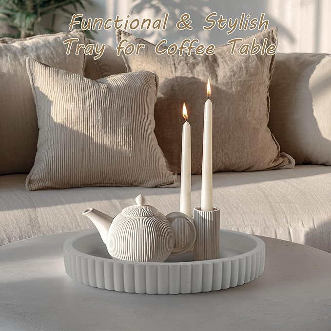 Round Decorative Tray for Coffee Table Decor-Modern Home Decor Tray-Concrete Coffee Table Serving Tray-Centerpiece Table Tray-Ottoman,Vanity, Bathroom, Kitchen,Dresser (Gray)