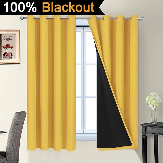 Yakamok Thermal Insulated 100% Blackout Curtains for Bedroom, Double Layer Full Room Darkening Noise Reducing Grommet Curtains, Heat Blocking Drapes for Living Room(52Wx63L, Mustard Yellow, 2 Panels)