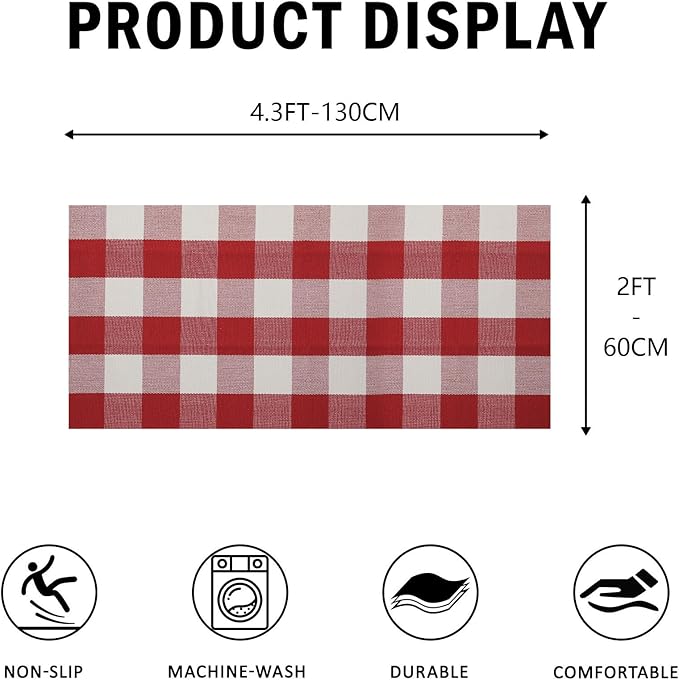 SEEKSEE Cotton Buffalo Plaid Rug 24"x52" Red and White Checked Rug Washable Doormats Indoor Outdoor Rugs for Layered Front Door Mats, Porch, Kitchen, Farmhouse, Entryway