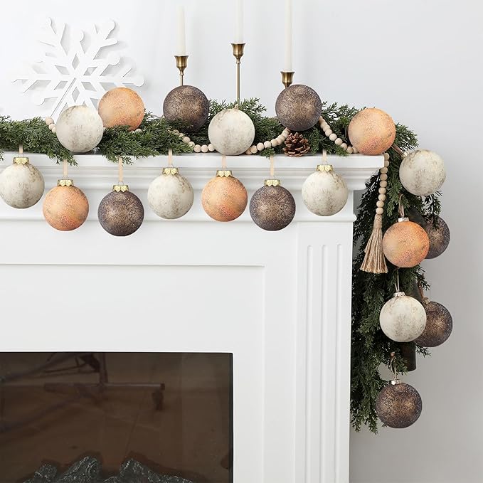 24 Pcs Neutral Textured Christmas Ball Ornaments 2.36'' Vintage Christmas Tree Decor Modern Rustic Brown Ornaments with Loop Shatterproof Hanging Ball for Xmas Farmhouse Decor (Light Brown)