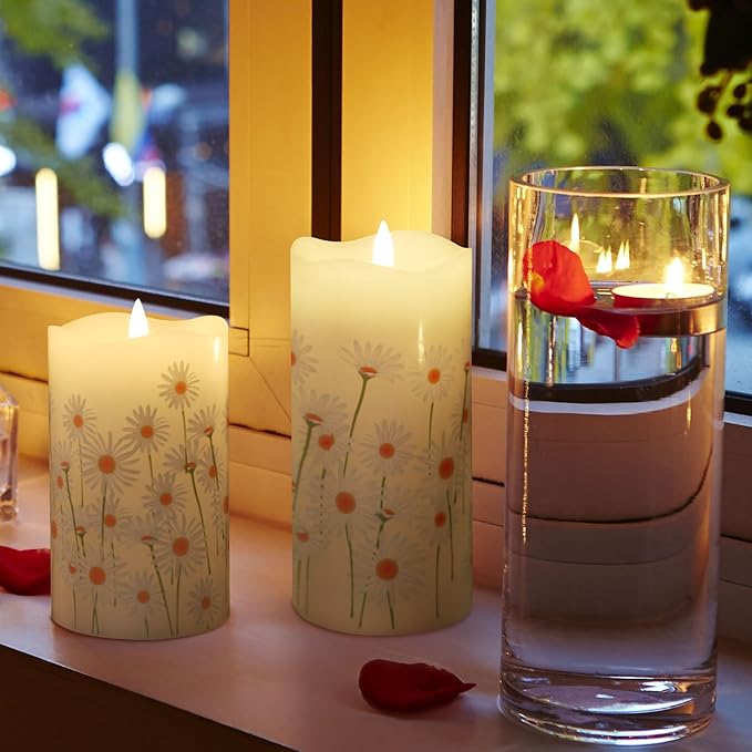 Eywamage White Floral Flameless Pillar Candles with Remote, Flickering Spring Daisy Battery LED Candles Set of 2
