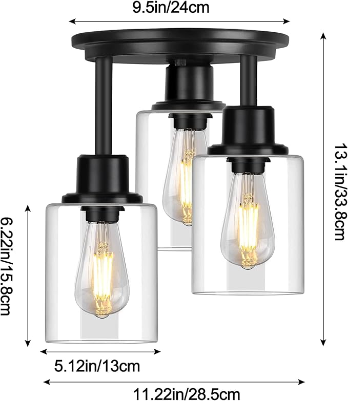 ROTTOGOON Semi Flush Mount Ceiling Light, 3-Light Close to Ceiling Light Fixtures, Matte Black Kitchen Light Fixtures with Clear Glass Shades, Hallway Light Fixtures Ceiling Mount for Foyer Entryway