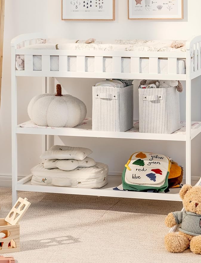 StorageWorks Narrow Storage Bins, Small Basket for Closet and Shelves, Rectangular Fabric Organizer with Handles, Toilet Paper Storage, Khaki and Beige Stripes, 2-Pack