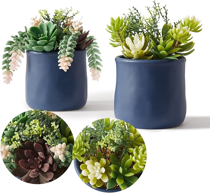 Artificial Succulent in Ceramic Pots, 2 Packs Large Faux Fake Plants Navy Blue for Desk,Office, Bedroom, Living Room, Bathroom Office Shelf Home Décor