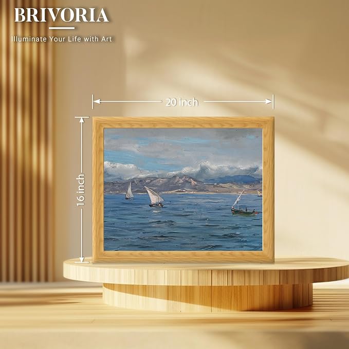 Brivoria Framed Canvas Wall Art Vintage Decor, Coastal Seascape with Sailing Boats and Distant Mountains Under Dramatic Cloudy Sky for Living Room Statement Wall or Gallery Decoration, 16"x20"