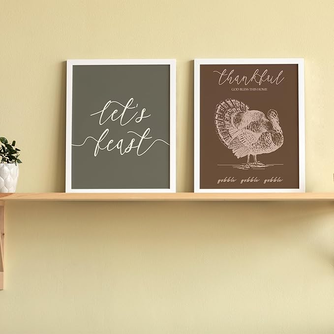 JXREQ Thankful Turkey Pumpkin Wall Decor Maple Leaves Posters, Let's Feast Thanksgiving Harvest Wall Decor, Fall Wall Art Prints for Kitchen Bedroom Living Room Office 4Pcs, 8x10 Inch Unframed