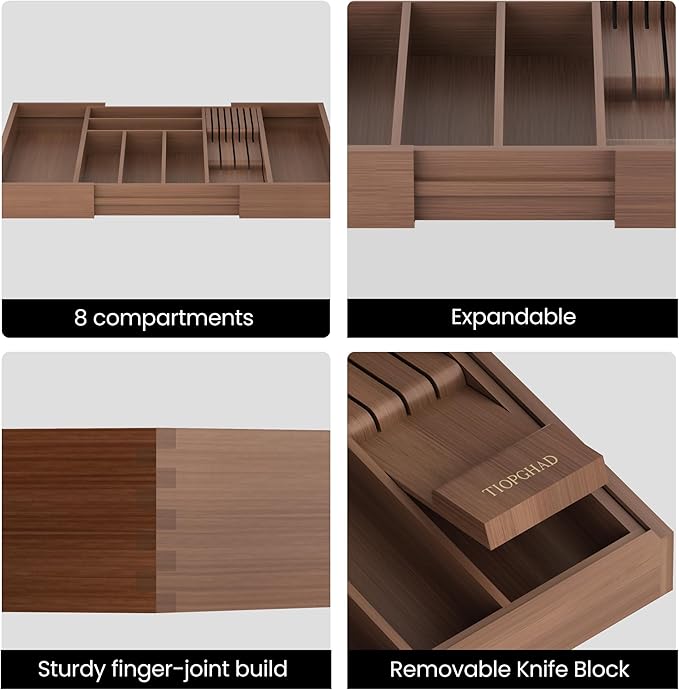 Bamboo-Silverware-Drawer-Organizer-Kitchen, Expandable Utensil Holder Cutlery Tray Flatware Organization Adjustable Wood Tableware Dividers Storage (with Removable Knife Block)(Brown)
