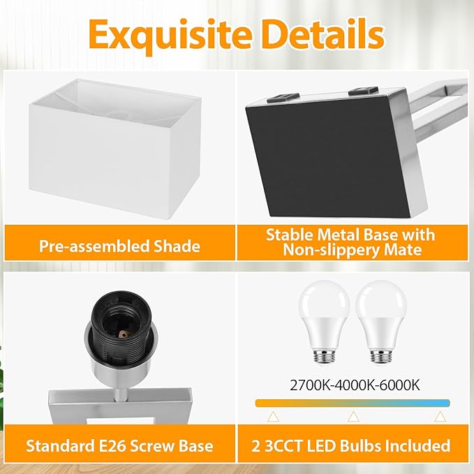 3 Color Temperatures Touch Control Table Lamps Set of 2, Stepless Dimmable Bedside Lamps with 2 USB Ports&AC Outlet, Modern Nightstand Lamps for Bedroom Living Room, Bulbs Included, Silver&White