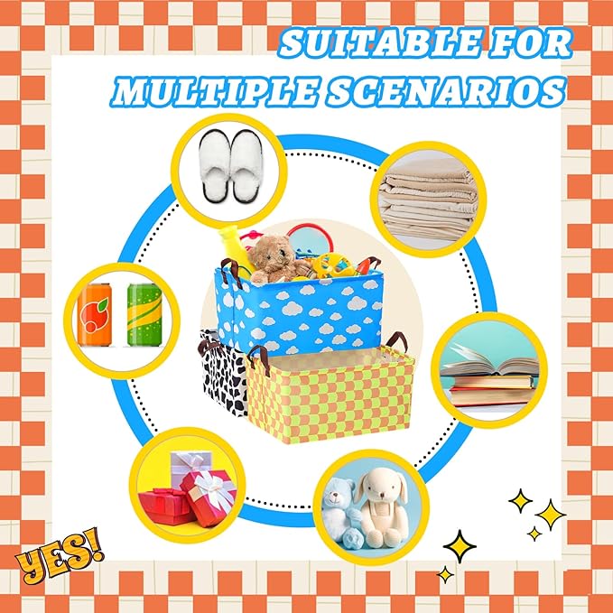 3 Pack Storage Baskets Waterproof Canvas with Leather Handles Storage Bins Basket Organizer Collapsible for Closet Clothes Room Decor(Black, Yellow, Blue,Cartoon)