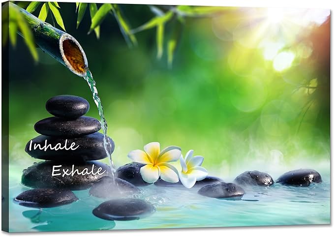 YIOZHAOFH Spa Canvas Print Art Nature Zen Painting Relaxing Bathroom Wall Art Decor White Lotus Pictures Framed Artwork Inhale Exhale Poster Office Decor for Spa Room Bedroom(16L x 24W)