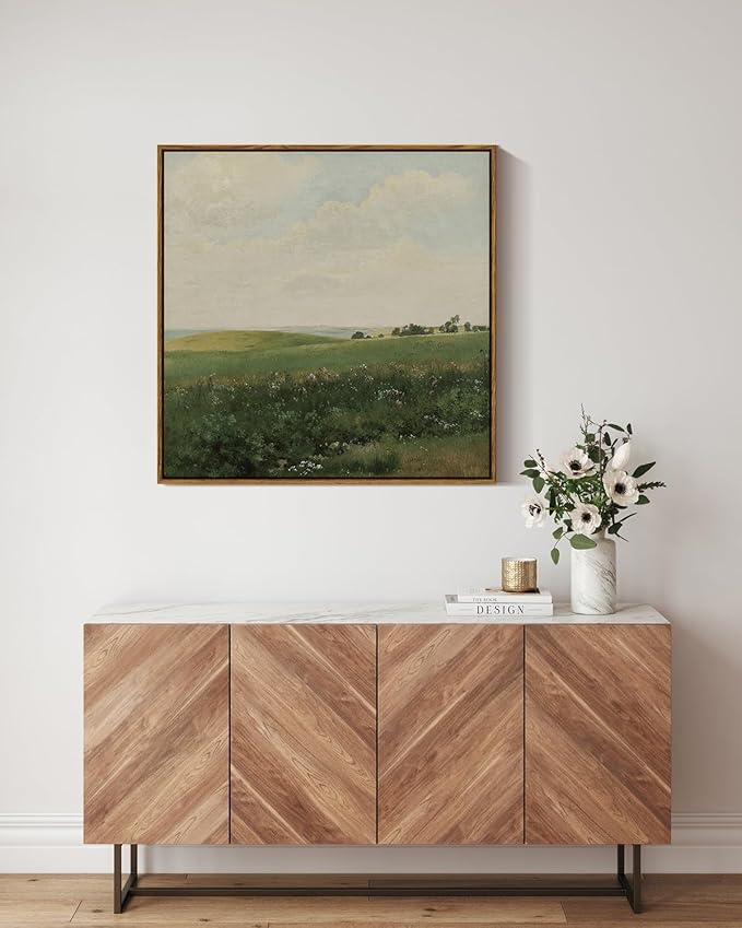 InSimSea Square Framed Canvas Wall Art, Large Decor Vintage Grassland Paintings, Field Scenery Wall Pictures for Bedroom Bathroom Living Room, Canvas Prints Vintage Farmhouse Decor 24"x24"