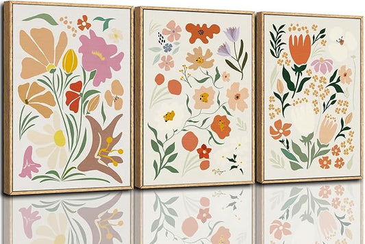 CHDITB Henri Matisse Framed Canvas Wall Art Prints, Pink Beige Flower Market Wall Decor, Minimalist Floral Wall Painting, Abstract Matisse Wall Art for Living Room, Bedroom, Dining Room - 16"x24"x3