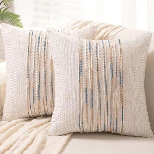 Boho Throw Pillow Covers 18x18 Set of 2 Farmhouse Decorative Cushion Case Striped Square Pillows Cover Chenille Pillow Cases Accent Neutral Pillowcase for Sofa Couch Bed,Yellow-Blue
