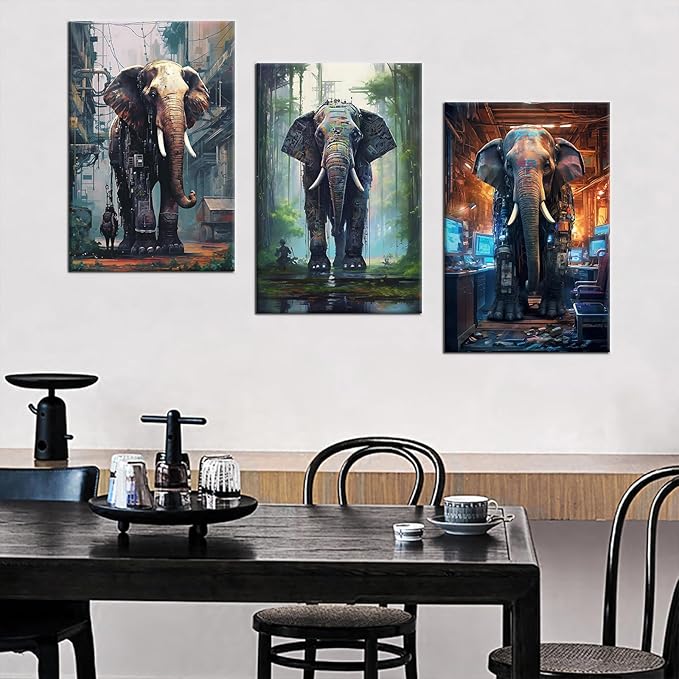 Abstract Animal Canvas Wall Art 3 Pieces Posters Print Cyberpunk Style Giant Machine Elephants Picture Painting Artwork for Modern Home Living Room Bedroom Office Stretched and Framed [48''W X 24''H]