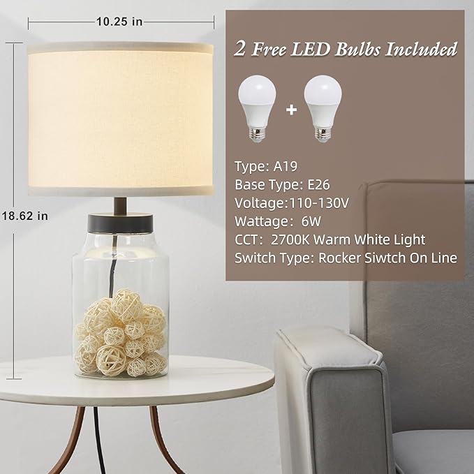 GyroVu Fillable Table Lamp,Bedside Lamp with Clear Glass Fillable Modern Table Lamp with White Lampshade Beside Lamp for Living Room Bedrooms Office Bulbs Included(White)