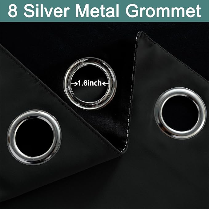 Yakamok 90 Inch Length 100% Blackout Curtains for Bedroom, 2 Thick Layers Thermal Insulated Grommet Total Blackout Drapes with Black Liner for Living Room (52Wx90L,Black, 2 Panels)