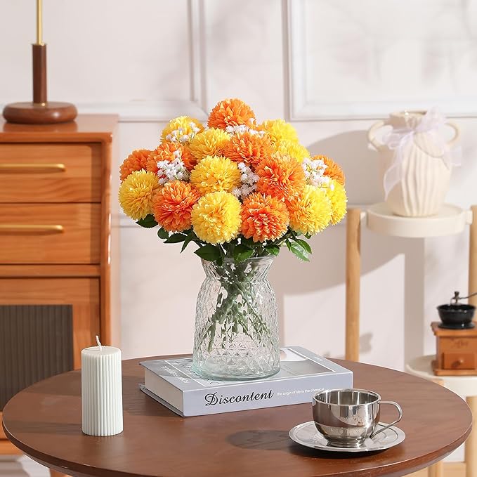 Floweroyal 24pcs Fall Flowers Artificial Chrysanthemum Ball Flower, Fake Mums Silk Hydrangea Flowers Bridal Wedding Bouquet for Home Garden Party Autumn Decor