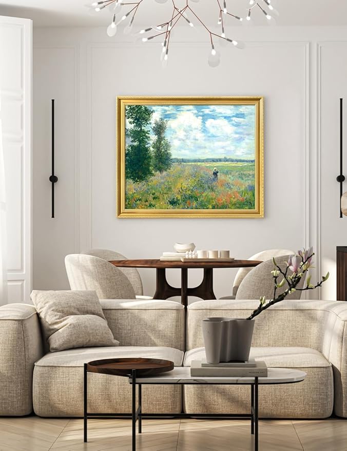 DECORARTS - Claude Monet Poppy Fields Near Argenteuil, Large Framed Wall Art, Canvas Size 35x28, Outer Dimensions Larger With Customizable Solid Wood Frames, Giclee Canvas Print, Made in USA