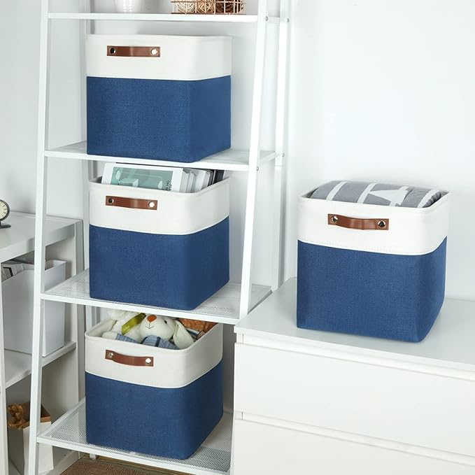 Temary Fabric Storage Cubes 4Pack Blue Fabric Storage Baskets 12 Inch Cube Storage Bins with Handles for Organizing Closet (White&Blue)