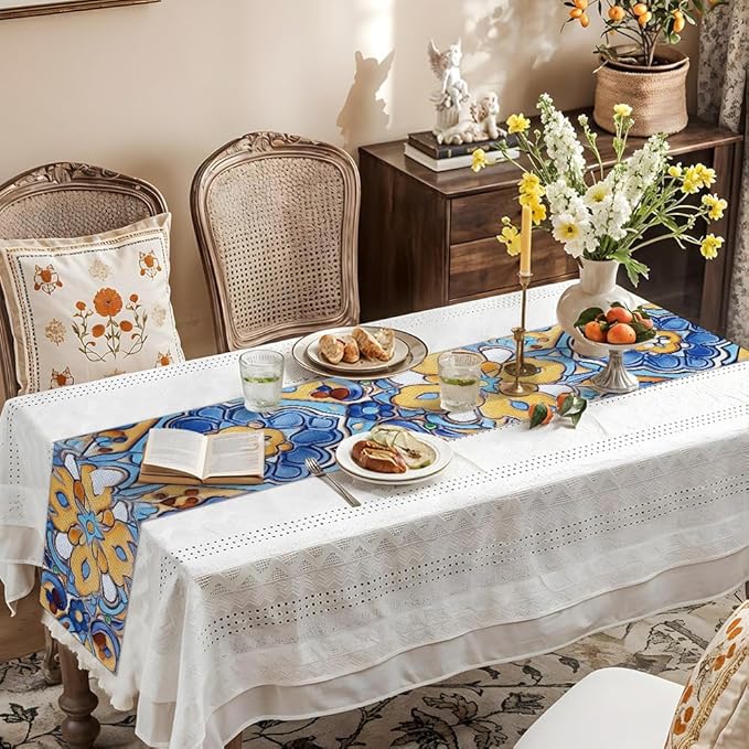 ANNA QUEEN Flowers Table Runner 13 x 72 Inch for Dining Table, Table Runner for Spring & Holiday Dining Decor Indoor Outdoor Party Home Table Decoration (Retro Pattern)