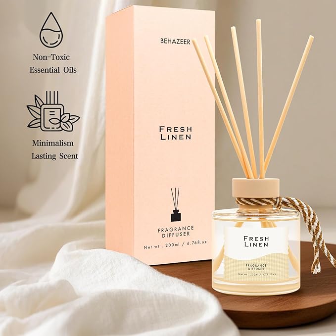 Linen Reed Diffuser, 6.77OZ/200ML Large Capacity Natural Non-Toxic Oil, Long-Lasting Fragrance Reed Diffusers Set for Home and Bathroom, Aroma with 5 Reed Diffuser Sticks Gifts