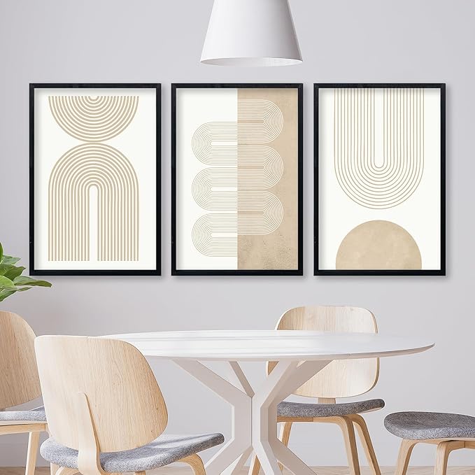 Wall Art Set of 3 Geometric Beige Spiral Wave 16"x24" Wooden Framed Mid Century Organic Abstract Neutral Sign Prints Nordic Boho Office Living Room Master Bedroom Wall Hang Decor (Black)