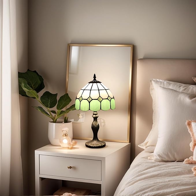 Tiffany-Style 8 Inch Table Lamp Mediterranean Series Stained Glass Lampshades Small Bedside Lamp Reading Antique Desk Light Livingroom Bedroom Office Vintage Art Deco Victorian(Color:Green)