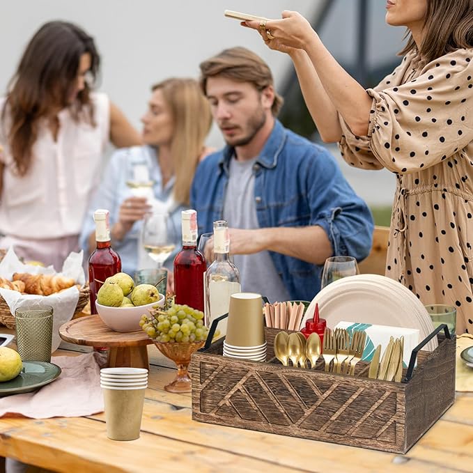 Flatware Organizers Paper Plate Dispenser with Handles, Paper Plate Holder for Kitchen Counter, Wood Rustic Silverware Utensil Caddy, Brown