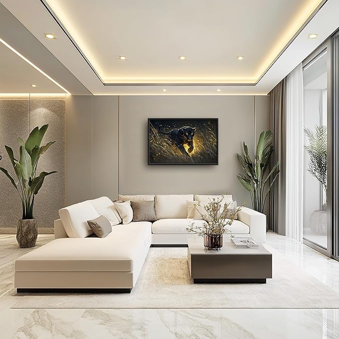 Flintis Large Black Leopard Framed Wall Art Leopard Pictures Wall Decor Abstract Animal Portrait Canvas Painting Print Artworks Decor Framed for Living Room Bathroom Master Bedroom Office 36L X 24W