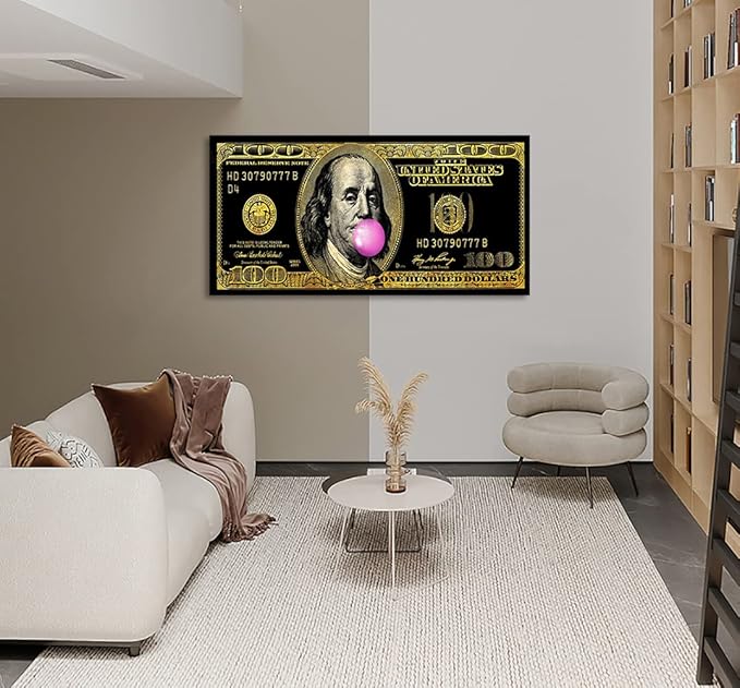 Large Size 1 Big Panel Motivational Money Art Print Dollars Canvas wall Decor for Men Abstract Creative Funny Franklin 100 Dollar Money Art Modern Home Office Wall Decorations Easy to Hang-48"Wx24"H