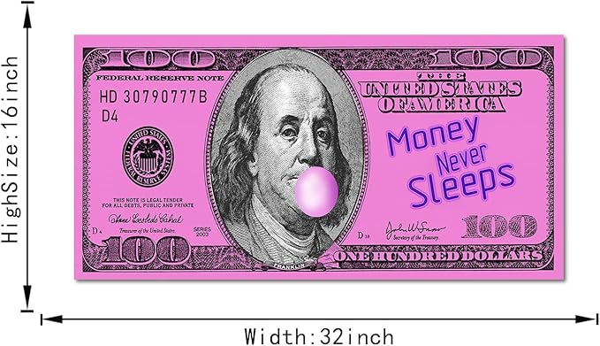 Yatsen Bridge Money Never Sleeps Wall Art Inspiraional Pink Dollar Money Artwork Pop Art Wooden Framed Ready to Hang-32 inch x 16 inch