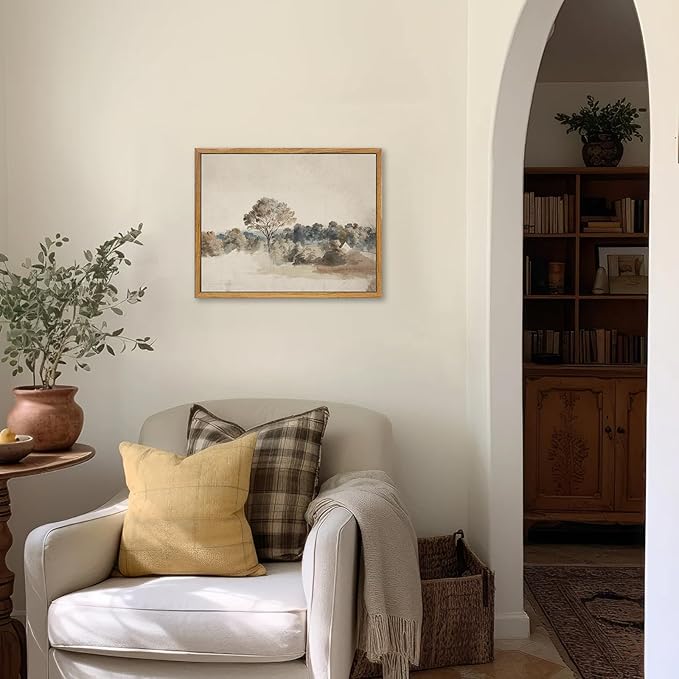 KBKBART Framed Vintage Neutral Wall Art Prints, Antique Rustic Muted Landscape Canvas Painting, Retro Countryside Nature Wilderness Illustrations Farmhouse Decor, Neutral Vintage Decor Ready To Hang