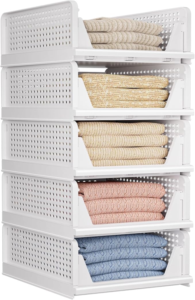 5 Pack Folding Closet Organizers Storage Box, Stackable Storage Bins, Plastic Drawer Basket Closet Storage for Wardrobe Cupboard Kitchen Bathroom Office White-5L