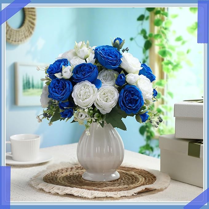 Geosar 8 Bundles Artificial Peonies Flowers Fake Silk Peony Bouquet Faux Peonies Flowers Bulk for Decoration Vase Florals Arrangements Wedding Party Table (Royal Blue,White)