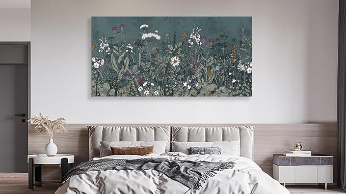 NINEASO Botanical Canvas Wall Art - Dusty Blue Wildflower Nature Pictures Bloom Floral Wall Decor Flower Plants Painting Print Artwork for Living Room Bedroom Home Office Decorations 29" x 58"