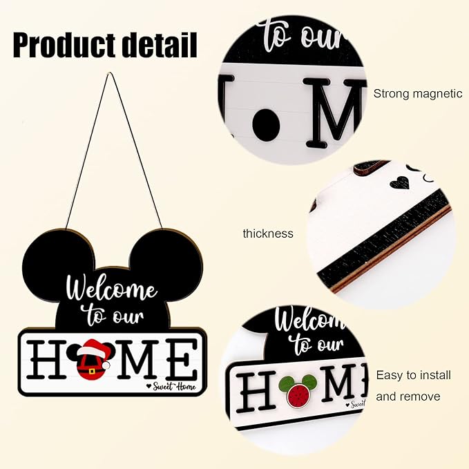 Interchangeable Welcome Sign for Front Door, Interchangeable Welcome to Our Home Signs Farmhouse Porch Plaques Housewarming Gift for Holiday Christmas Valentine's Day Home Decor(Black)