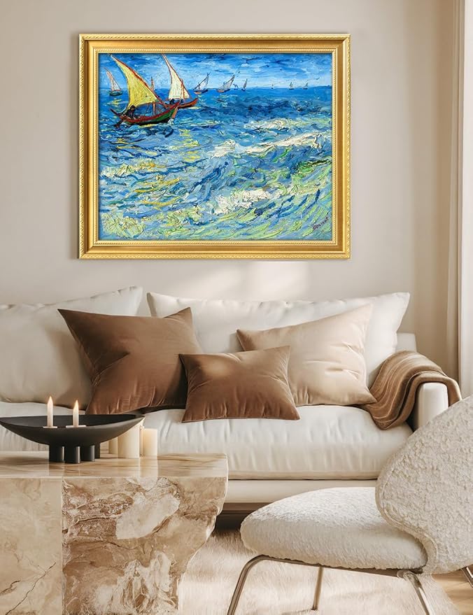 DECORARTS - Vincent van Gogh's Fishing Boats at Sea, Museum-Quality Giclee Canvas Print in Gold Solid Wood Frame, 34.75 x 28.75 in, Ready to Hang, Made in USA