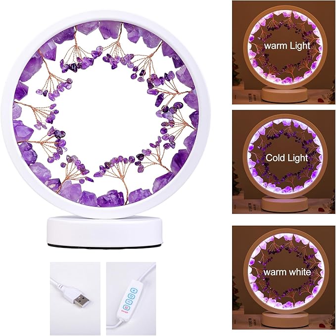 Runyangshi Crystal Night Lamp Natural Citrine Crystals Small Tree Bedside Ambient Lamp USB Port 3 Colours Adjustable Lamp Suitable Night Light for Living Room Bedroom Office Home Decor Gift