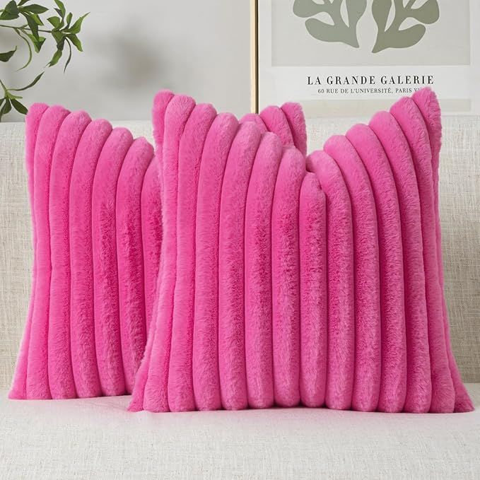 MIULEE Faux Fur Large Decorative Throw Pillow Covers 24x24 Inch Set of 2, Retro Vintage Boho Home Decor Soft Plush Couch Pillows Cozy Fluffy Cushion Covers for Sofa Bed Hot Pink