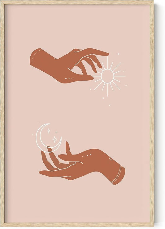 HAUS AND HUES Sun and Moon Astrology Posters - Spiritual Wall Art and Celestial Hands Top and Bottom Astrology Room Decor Posters Spiritual Boho Prints Wall Art and Prints (Beige Frame, 24x36)