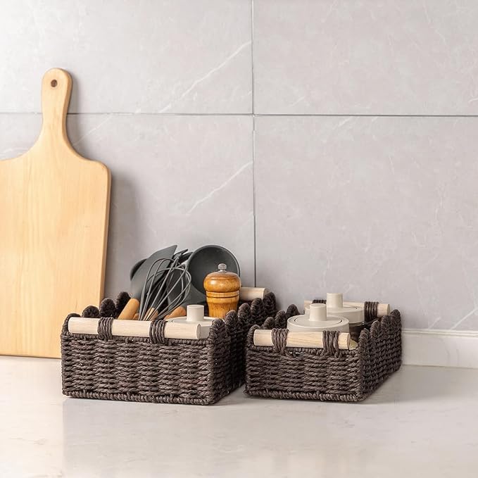 CubesLand Paper Rope Scalloped Edge Shelves Baskets Set 2, Idea for Over Toilet Storage Shelf, End Table, Nightstand, Toilet Tank Basket with 2 Wood Handle, Stylist&Useful Both Storage&Decor, Brown