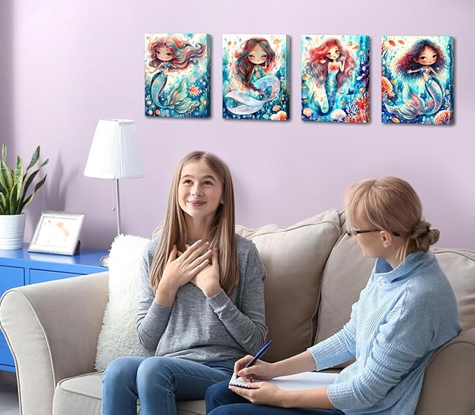 Framed Mermaid Bathroom Wall Art, Mermaid Canvas Prints, Set of 4 (8"x10")