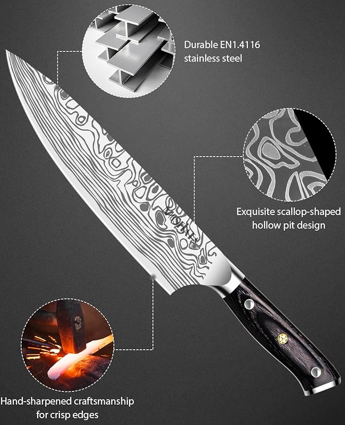 MOSFiATA 8" Super Sharp Professional Chef's Knife with Finger Guard and Knife Sharpener, German High Carbon Stainless Steel EN1.4116 with Micarta Handle and Gift Box