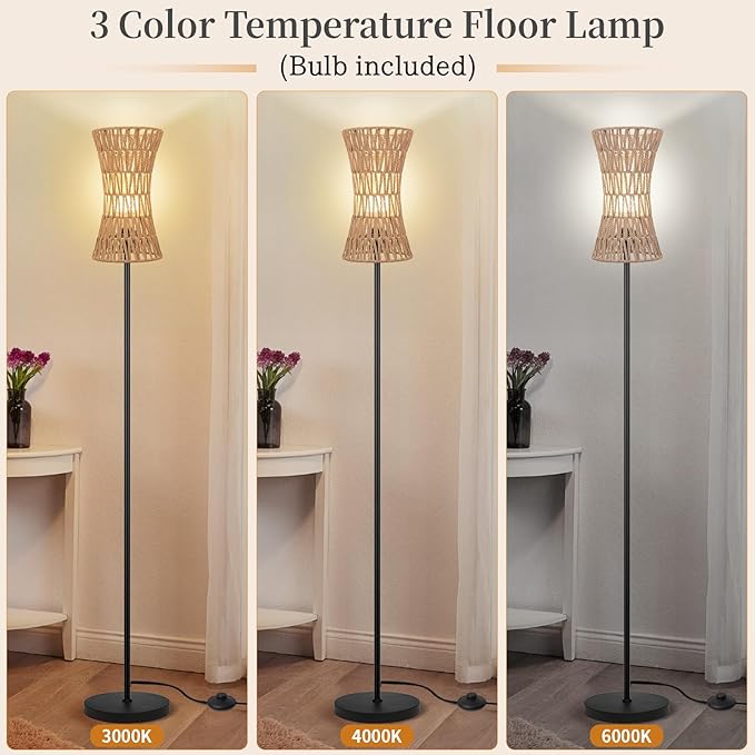 Floor Lamp for Living Room,Slim Waist Rattan Floor lamp,Modern Standing lamp with Bohemia Rattan Shade,Black Tall Lamp with Foot Switch
