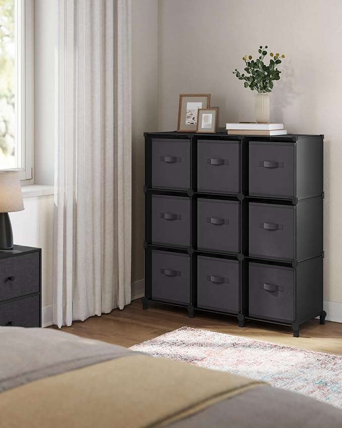 SONGMICS Cube Storage Organizer with Storage Boxes, Set of 9-Cube Organizer, 9 Collapsible Non-Woven Fabric Bins, Customizable, Space-Saving, Bedroom, Ink Black and Dove Gray ULPC092B01